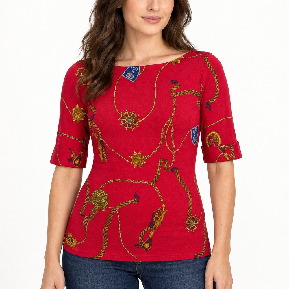 Lauren Ralph Lauren Red Nautical Chain Crest Print Boat Neck Top Petite Medium